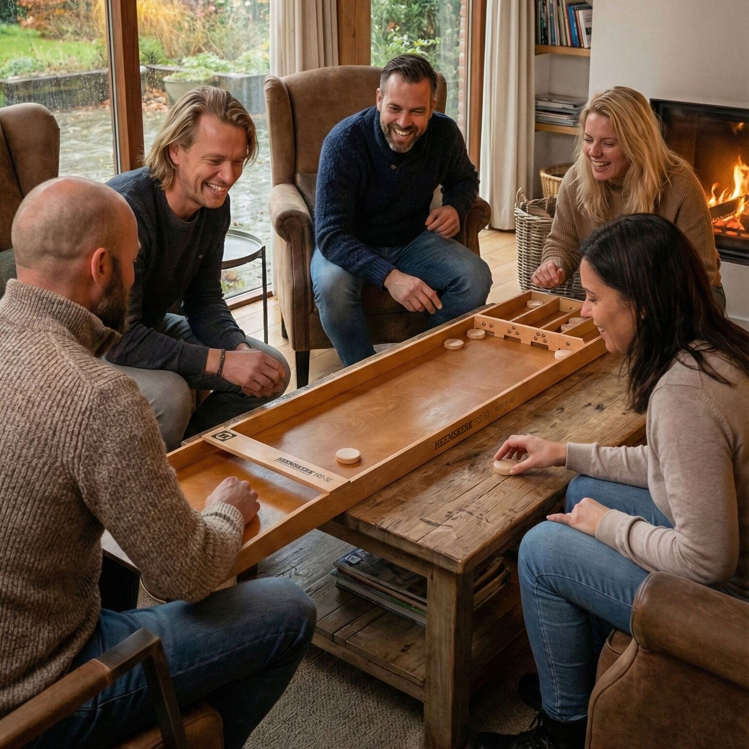 Vier vrienden sjoelen samen aan een lage tafel bij de open haard