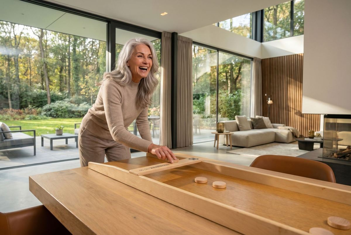 Een vrouw sjoelt lachend aan een tafel in een lichte woonkamer