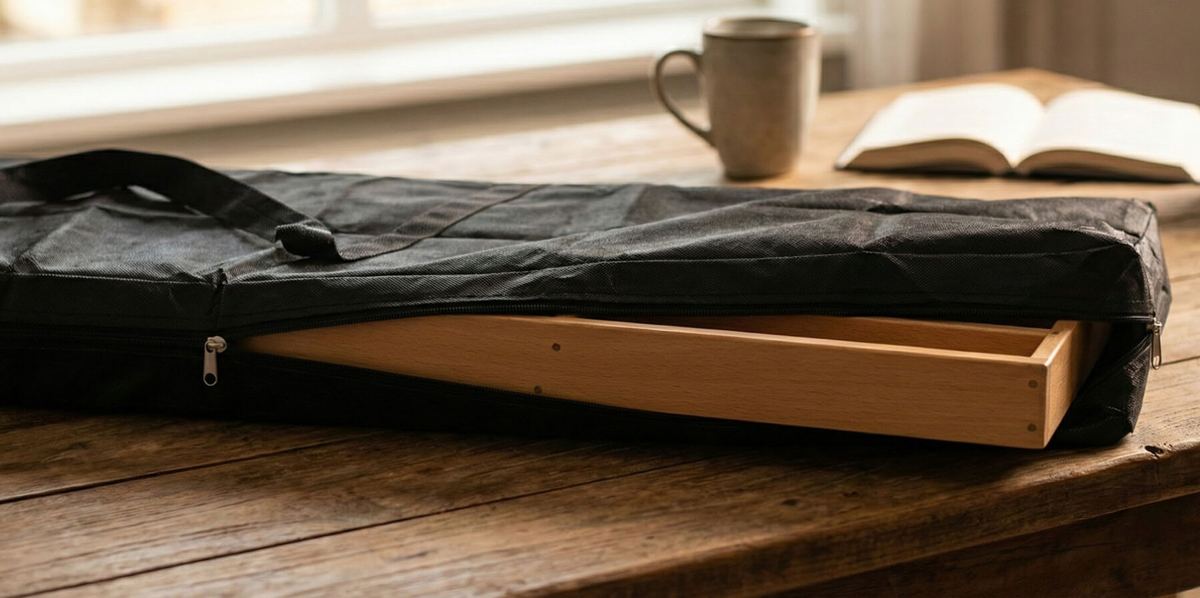 Een sjoelbak in een beschermhoes op een houten tafel