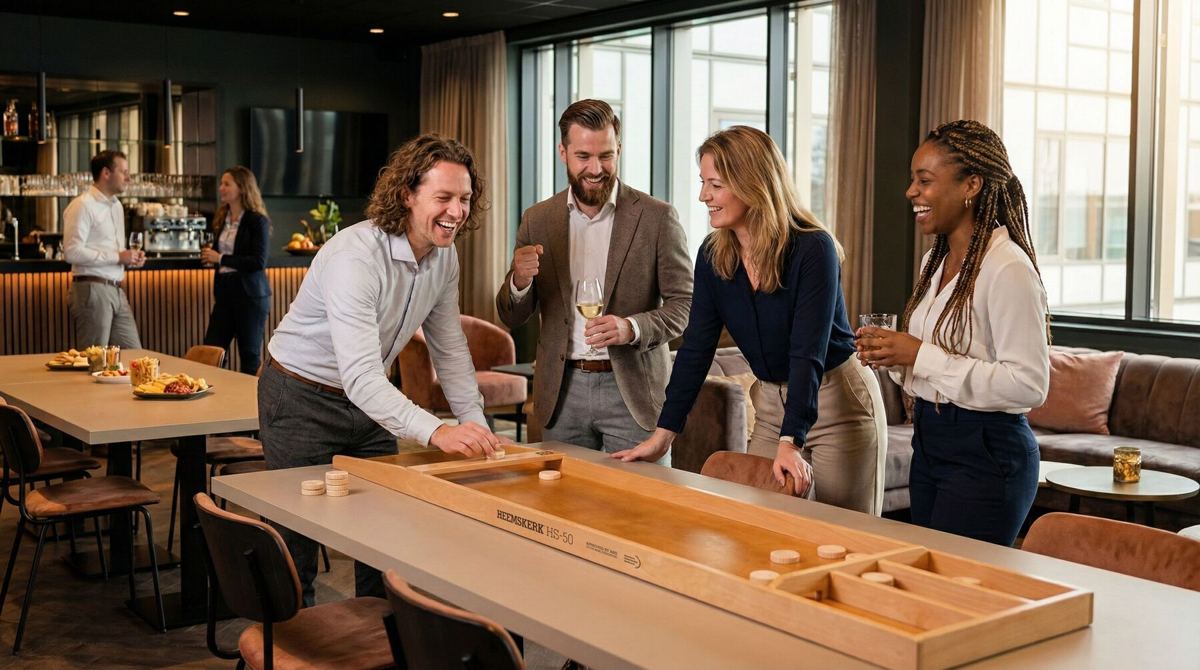 Vier collega's sjoelen aan een lange tafel